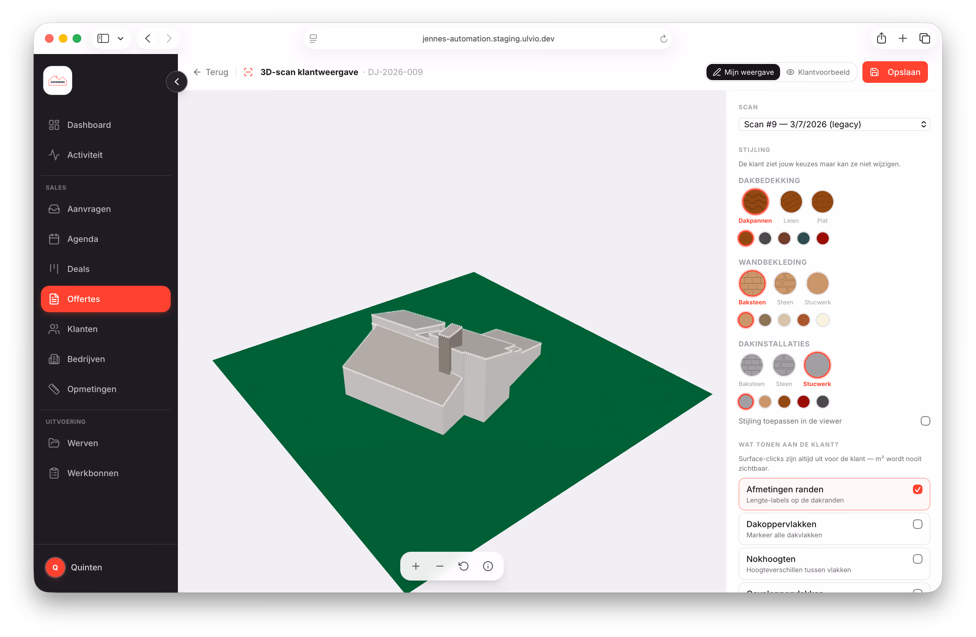 3D-scan klantweergave met dakstijling: dakbedekking en wandbekleding kiezen.